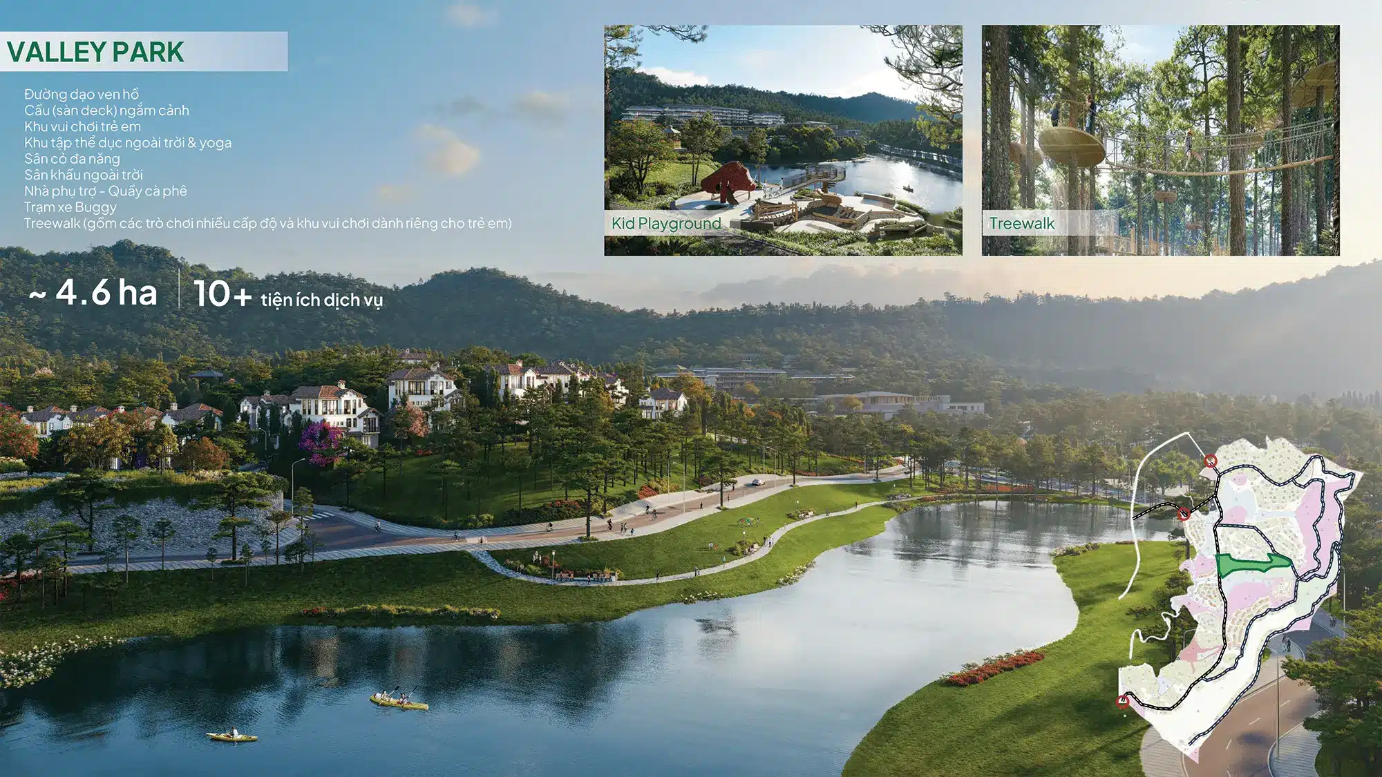 Valley Park – công viên trung tâm rộng 4,6ha, được xem là “trái tim” của Thanh Xuân Valley. Nơi đây hội tụ đường dạo ven hồ, khu vui chơi trẻ em và đặc biệt là Treewalk, cung đường xanh mát để cư dân tận hưởng không khí trong lành qua những bước chạy bộ hay dạo chơi thư giãn.